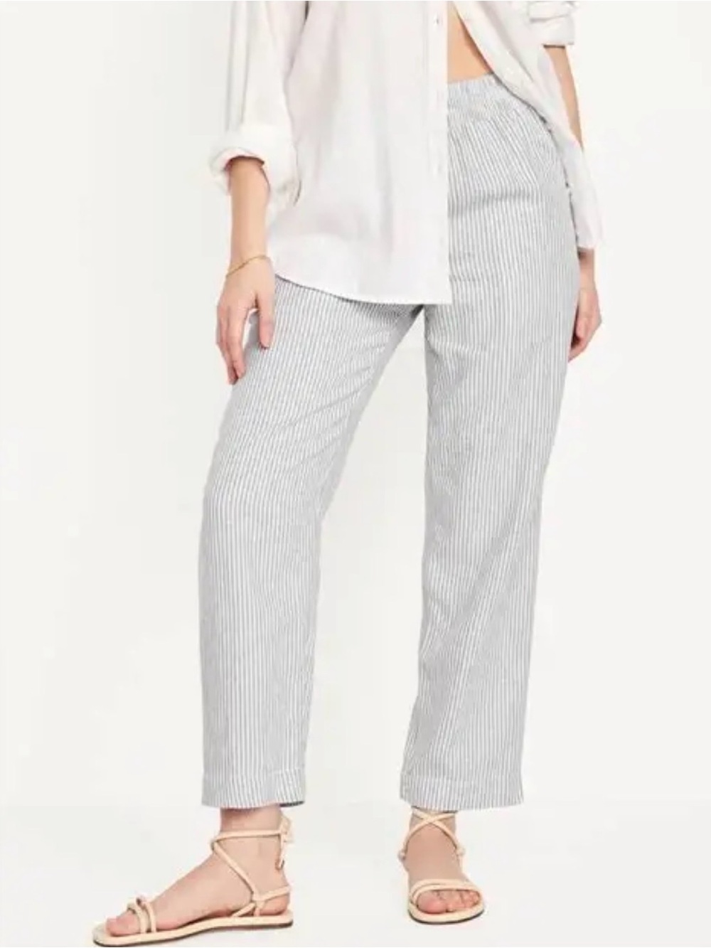 Striped Straight-Leg Linen Blend Elastic Waist Pants
